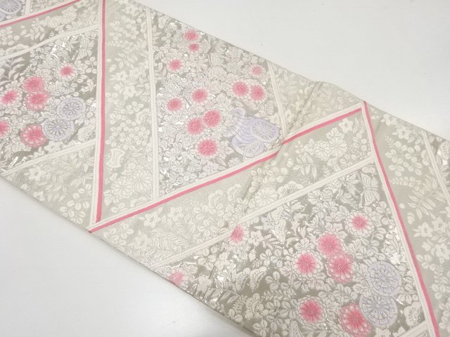 JAPANESE FUKURO OBI / PLATINUM FOIL / WOVEN FLOWER CREST